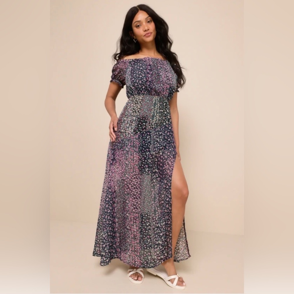 Lulus Size XL Neva Navy Blue Floral Print Off-the-Shoulder Maxi Dress